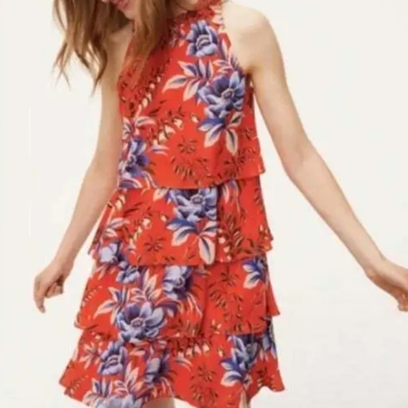 ANN TAYLOR LOFT NWT Petite Dress  Orange & Blue Floral Tiered Ruffle Key… - Picture 9 of 9